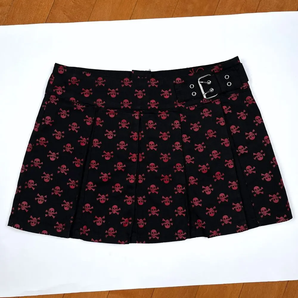 NWT Vintage Y2K Tripp NYC Red Skull Belted Black Mini Skirt Medium Deadstock